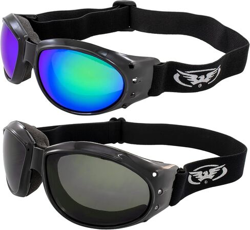 Global Vision 2 Pairs of Eliminator Padded Motorcycle Riding Goggles Black Frames with Smoke & Green Mirror Lenses in Saudi Arabia