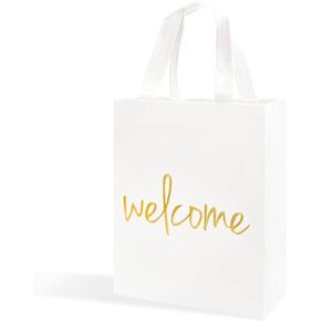 Crisky Reusable White Gold Welcome Gift Bags for Wedding Birthday Parties, 50 Counts Medium Size Eco-Friendly Non-Woven for Guests, 11 x4 x9 Inches