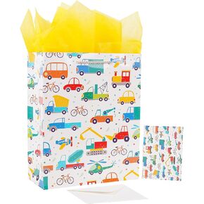Jaywayang 12.6" Large Blue Race Car Gift Bag with Greeting Card and Tissue Paper for Boys (Monster Truck)
