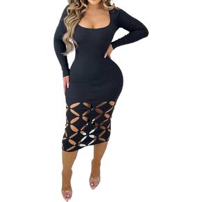 Fastkoala Women's Sexy V Neck Ribbed Bodycon Dress Hollow Out Long Sleeve Slim Fit Midi Dress Night Club Party Dresses