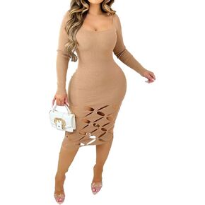 Fastkoala Women's Sexy V Neck Ribbed Bodycon Dress Hollow Out Long Sleeve Slim Fit Midi Dress Night Club Party Dresses in Kuwait