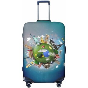Around the World Suitcase Covers Funny Famous Landmarks Airplane World Map in Galaxy Sky Blue Rainbow Travel Luggage Cover Protector for Suitcase 18-21 Inch, Elastic Luggage Sleeves or Covers