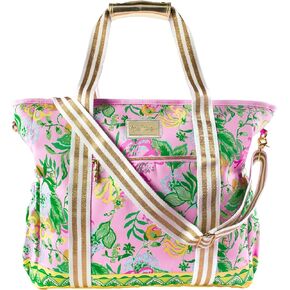 Lilly Pulitzer Pink Picnic and Beach Cooler, Insulated Cooler Bag with Adjustable Shoulder Strap and Zippered Top, Large Soft Cooler for Groceries or Travel, Via Amore Spritzer