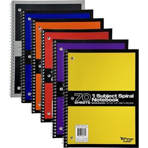 Three Leaf 70 Sheets College Ruled 8" X 10 1/2" Spiral Notebook, Pack of 12, 1 Subject, Assorted Colors, Spiral Notebook For Student Office