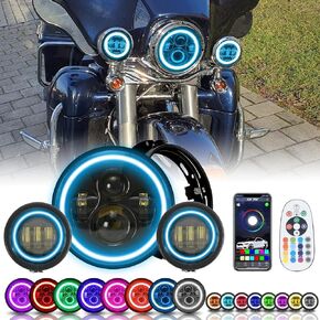 SUNPIE Compatible with H_arley Motorcycles 7 inch RGBW Halo LED Headlight Bulb Silver+4-1/2 inch RGBW Fog Lights with Mounting Bracket Waterproof App Remote Control Custom Colors Voice/Music Mode (BK)