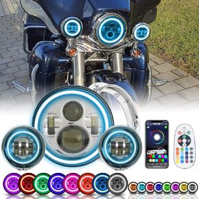 SUNPIE Compatible with H_arley Motorcycles 7 inch RGBW Halo LED Headlight Bulb Silver+4-1/2 inch RGBW Fog Lights with Mounting Bracket Waterproof App Remote Control Custom Colors Voice/Music Mode (BK)