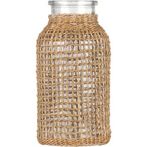 WHJY Boho Glass Vase, Rattan Vase, Farmhouse Rattan Décor, Round Flower Vase Basket Vase for Floral Arrangements -8 inch