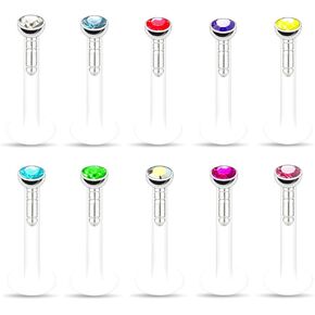 10pc Mixed Color Crystal 16g Steel Labret Stud Lip Ear Tragus Monroe Ring Piercing Jewelry Set