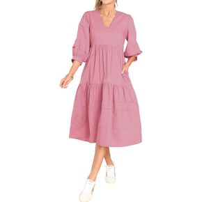 Women's Casual 3/4 Puff Sleeves V Neck Midi Dress with Pockets in Kuwait