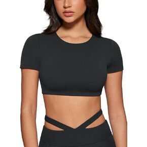 Womens Crew Neck Short Sleeve Crop Tops Yoga Workout Padded Top Slim Fit Shirts Casual T Shirt Basic Tee