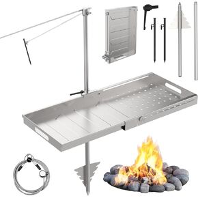 شواية نار المخيم دوارة قابلة للتعديل، شواية شواء شديدة التحمل للطهي باللهب المفتوح في الهواء الطلق، شواية وشواية تلسكوبية من الفولاذ المقاوم للصدأ 2 في 1، أوتاد أرضية خاصة لتحقيق الاستقرار. in Kuwait