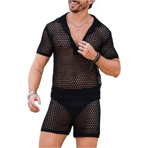 Verdusa Men's 2 Piece Summer Beach Outfits Hollow Out Sheer Top Cover Up Short Sets