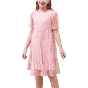 GORLYA Girls Sheer Mesh Puff Sleeve Empire Waist Vintage Tiered Sequined Tulle Babydoll Dress 4-14Y