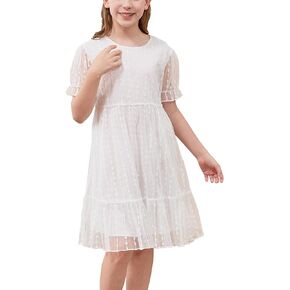 GORLYA Girls Sheer Mesh Puff Sleeve Empire Waist Vintage Tiered Sequined Tulle Babydoll Dress 4-14Y