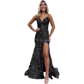 Mermaid Sparkly Sequin Prom Dress with Slit for Women 2024 Spaghetti Straps Tulle Evening Formal Gown