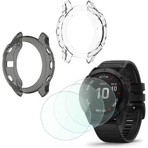 Watch Screen Protector (3+2 Pack) Compatible for Garmin Fenix 6X / Fenix 6X pro,Tempered Glass Film Anti-Scratch High Definition Full Coverage and Soft TPU Protective Case