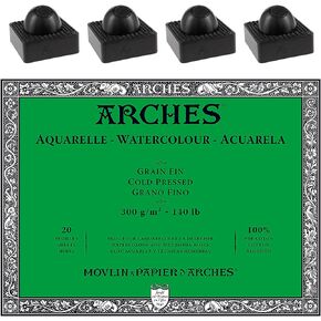 كتلة ورقية بألوان مائية من Arches - ضغط بارد 140 رطل - 16 × 20 - مع 4 عبوات من رافعات الزاوية العلوية