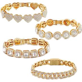 4PCS Silver Bracelet for Women, Clustered Gold Tennis Bracelets for Girls, Round/ Heart/ Quadrate Diamond/ Cuban Bracelet, Chunky Layered Link Bracelet Set, Fashion Jewelry for Women Girls Gift Set