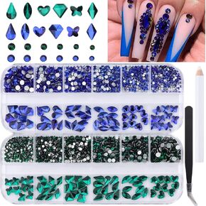 أحجار الراين لفن الأظافر باللون الأخضر من Kalolary، 2120 قطعة من أحجار الكريستال الزرقاء الساحرة للأظافر الماسية ثلاثية الأبعاد بظهر مسطح متعدد الأشكال لتزيين أظافر الأكريليك بنفسك in Kuwait