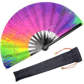 OMyTea Bamboo Large Rave Folding Hand Fan for Men/Women - Chinese Japanese Handheld Fan with Fabric Case - for Electronic Dance Music Festival Party, Performance, Decorations, Gift (Iridescence)