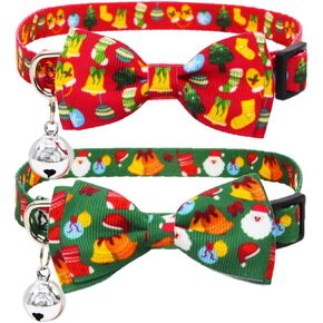 2 Pack Christmas Cat Collar with Bow Tie and Bell X-mas Breakaway Kitten Collars with Bowtie Safety Red and Green