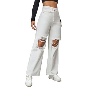 WDIRARA Women's High Waist Ripped Frayed Button Jeans Casual Denim Pants