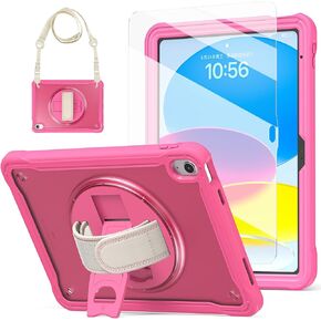 New iPad 10th Generation Case 10.9 Inch 2022 with Tempered Glass Screen Protector & Pencil Holder,BLOSOMEET Kids Case for iPad 10th Gen A2696/A2757/A2777 with Stand Hand Strap Shoulder Strap,Black