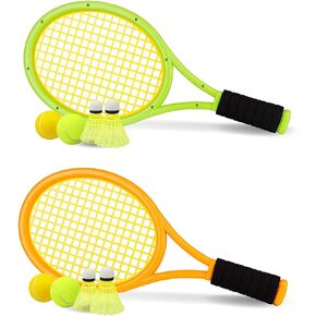 Kids Tennis Racket, 17 Inch Plastic Tennis Racket with 2 Tennis Balls, 2 Soft Balls and 4 Badminton Balls, Suitable for Kids, Toddlers Outdoor/Indoor Sports (Orange and Green)
