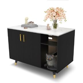Cat Litter Box Enclosure, Hidden Cat Litter Box Furniture,Enclosed cat Litter Boxes, Fit Most of Litter Box,Pet House Side Coffee Table,Cat House，White and Black (White)
