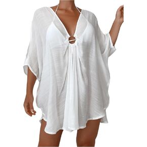Milumia Women's Ring Linked Asymmetrical Hem Deep V Bikini Swimsuit Coverup Beach Dress