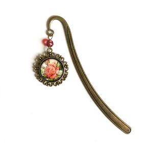Victorian Pink Tea Rose Brass Bookmark with Reversed Decoupage Glass Cabochon