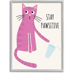Stupell Industries Stay Pawsitive Endearing Pink Cat Knocking Over Glass, Design by Jennifer Wambach