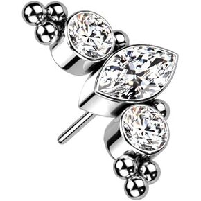 Implant Grade Titanium Threadless Push In Top With Marquise CZ or Opal Center Surrounded by CZs and Ball Clusters (Fits All Threadless Pin Sizes 14GA-20GA)