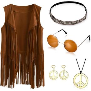 60s 70s Outfits for Women Party Accessories Peace Sign Earring Headband Fringe Vest Tassel Cardigan