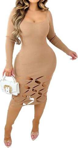 Fastkoala Women's Sexy V Neck Ribbed Bodycon Dress Hollow Out Long Sleeve Slim Fit Midi Dress Night Club Party Dresses in Kuwait