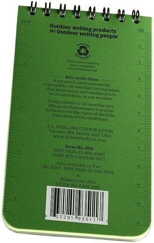Rite in the Rain Weatherproof Top-Spiral Notebook, 3" x 5", Green Cover, Universal Pattern (No. 935) in Saudi Arabia