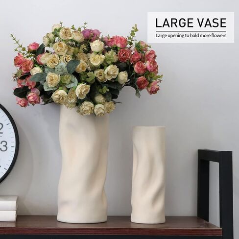 Abbittar Ceramic Vase Set of 2, 10.7" and 9" H Large Flower Vases for Rustic Home Decor, Modern Farmhouse Decor, Living Room Decor, Table, Counter, Mantel and Entryway Decor (Beige) in Saudi Arabia