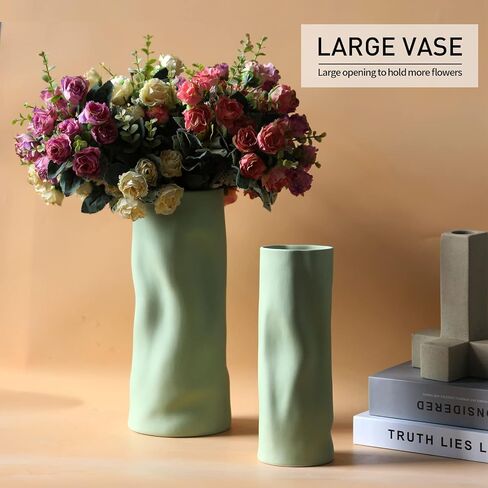 Abbittar Ceramic Vase Set of 2, 10.7" and 9" H Large Flower Vases for Rustic Home Decor, Modern Farmhouse Decor, Living Room Decor, Table, Counter, Mantel and Entryway Decor (Beige) in Saudi Arabia
