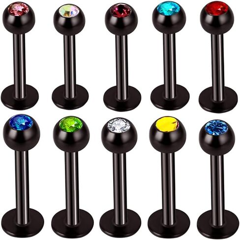 10pc Mixed Color Crystal 16g Steel Labret Stud Lip Ear Tragus Monroe Ring Piercing Jewelry Set in Saudi Arabia