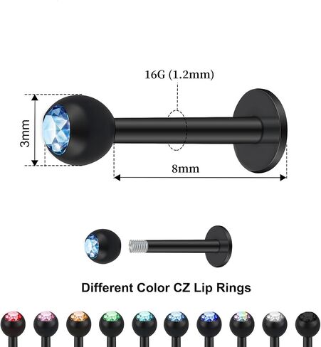 10pc Mixed Color Crystal 16g Steel Labret Stud Lip Ear Tragus Monroe Ring Piercing Jewelry Set in Saudi Arabia
