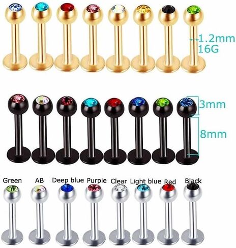 10pc Mixed Color Crystal 16g Steel Labret Stud Lip Ear Tragus Monroe Ring Piercing Jewelry Set in Saudi Arabia