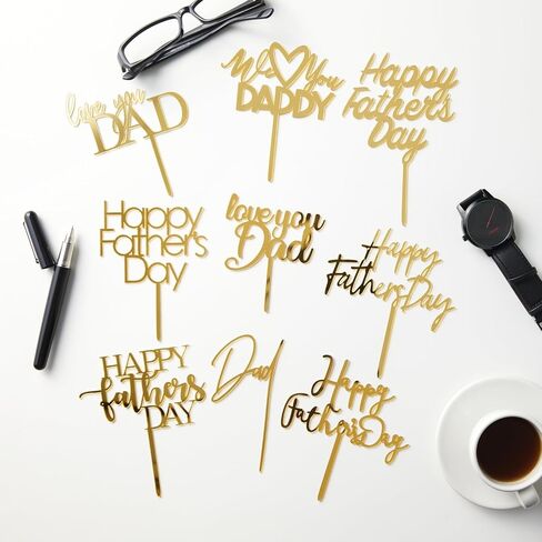 Happy Father's Day Cake Topper Cake topper Acrylic Mirror Cake topper Decorative Party Cake Decoration for Father's Day (12 pcs gold) in Saudi Arabia