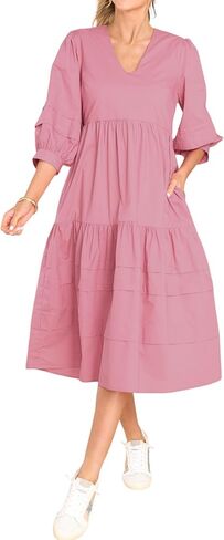 Women's Casual 3/4 Puff Sleeves V Neck Midi Dress with Pockets in Kuwait