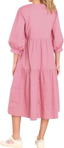 Women's Casual 3/4 Puff Sleeves V Neck Midi Dress with Pockets in Kuwait