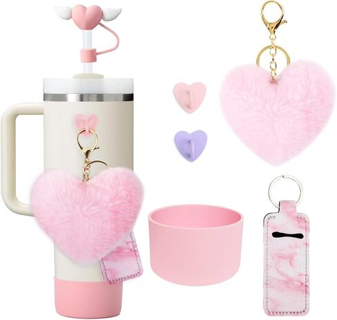 6 PCS Cup Accessories Set for Stanley 40oz & 30oz Tumbler.Including Silicone Boot,Straw Cover Cap,Heart Hook,Lipstick Bag and Heart Pompom,Pink in Saudi Arabia