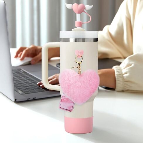 6 PCS Cup Accessories Set for Stanley 40oz & 30oz Tumbler.Including Silicone Boot,Straw Cover Cap,Heart Hook,Lipstick Bag and Heart Pompom,Pink in Saudi Arabia
