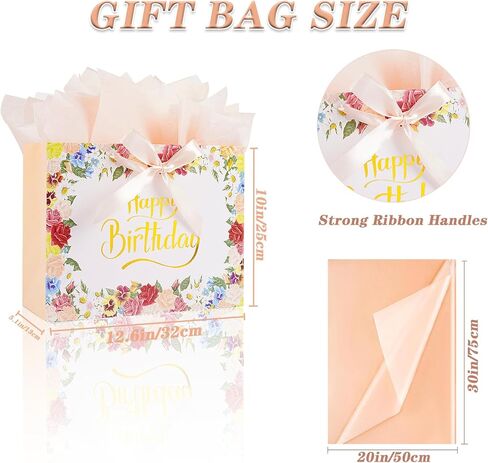 Jaywayang Large Black and Gold Vintage Floral Gift Bag with Card Ribbon and Tissue Paper for Wedding, Bridal Shower, Women Birthday, Mother's day, Anniversary- 12.6" x 10" x 5.1" in Kuwait