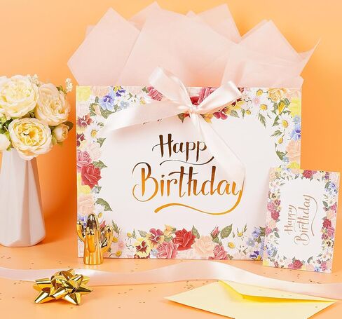 Jaywayang Large Black and Gold Vintage Floral Gift Bag with Card Ribbon and Tissue Paper for Wedding, Bridal Shower, Women Birthday, Mother's day, Anniversary- 12.6" x 10" x 5.1" in Kuwait