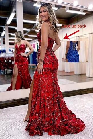 Mermaid Sparkly Sequin Prom Dress with Slit for Women 2024 Spaghetti Straps Tulle Evening Formal Gown in Saudi Arabia