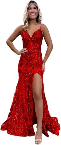 Mermaid Sparkly Sequin Prom Dress with Slit for Women 2024 Spaghetti Straps Tulle Evening Formal Gown in Saudi Arabia